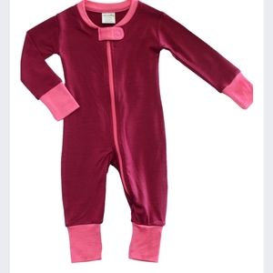 Wee Woolies merino zip sleeper 3-6mo in wildcherry and honeysuckle